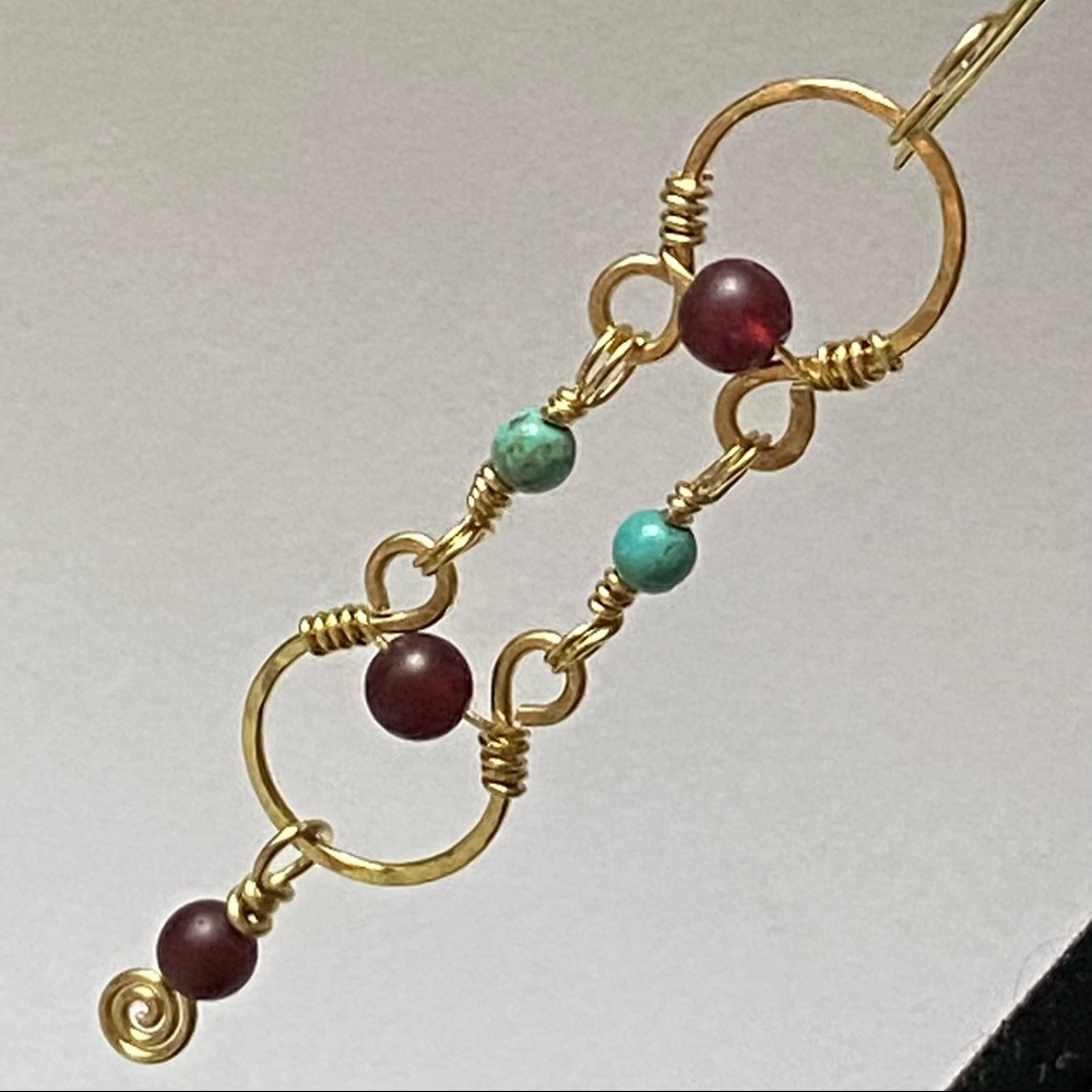 Real Garnet & Turquoise Earrings, 2-1/2” Drop
